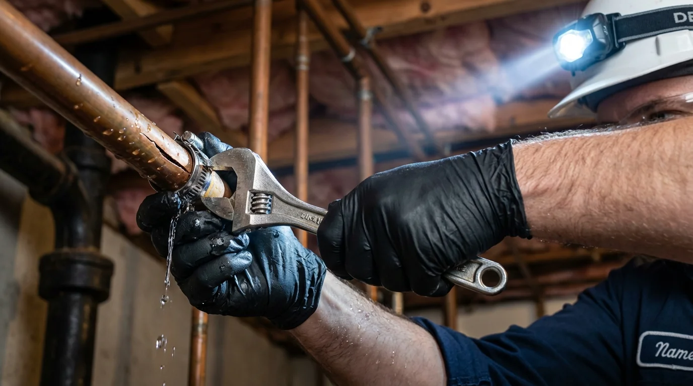 Emergency pipe clamp repair being performed by a Johns Plumbing LLC plumber in Hartville
