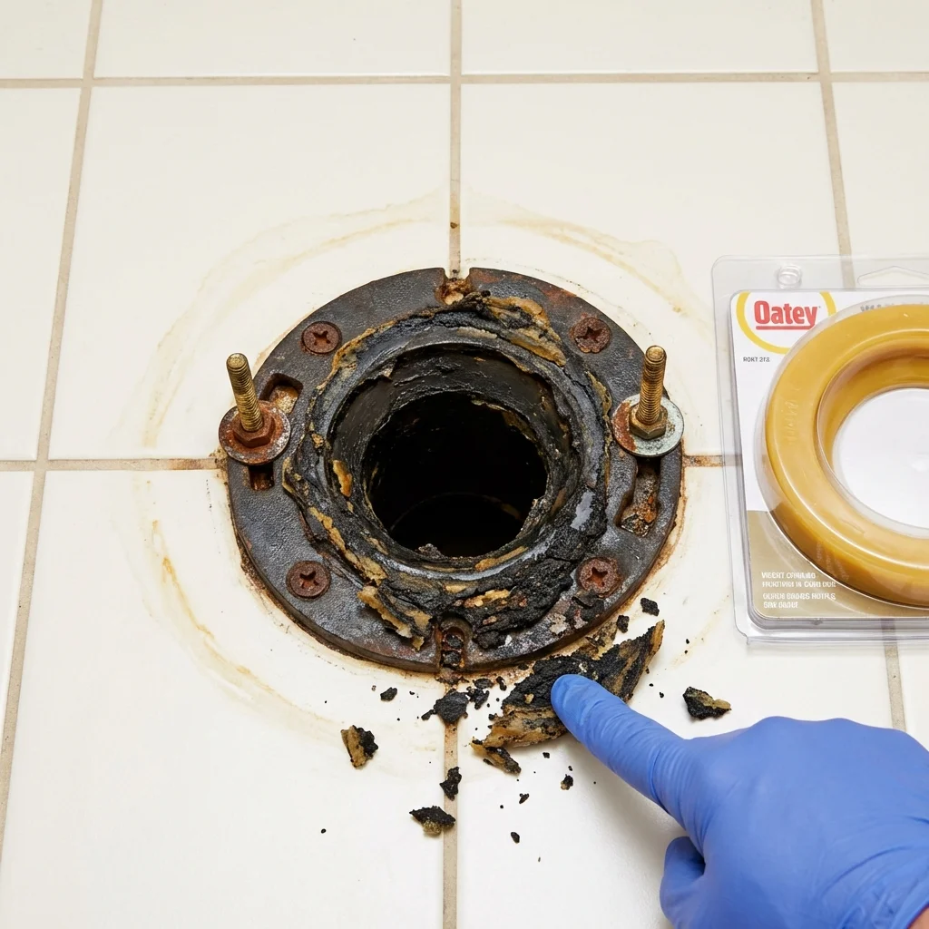 Failed wax ring showing water seepage at the base of a toilet in a Hartville, MO home