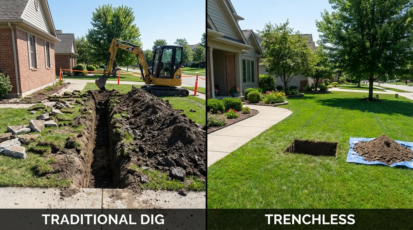 Trenchless sewer repair with minimal yard damage versus traditional excavation in Hartville, MO