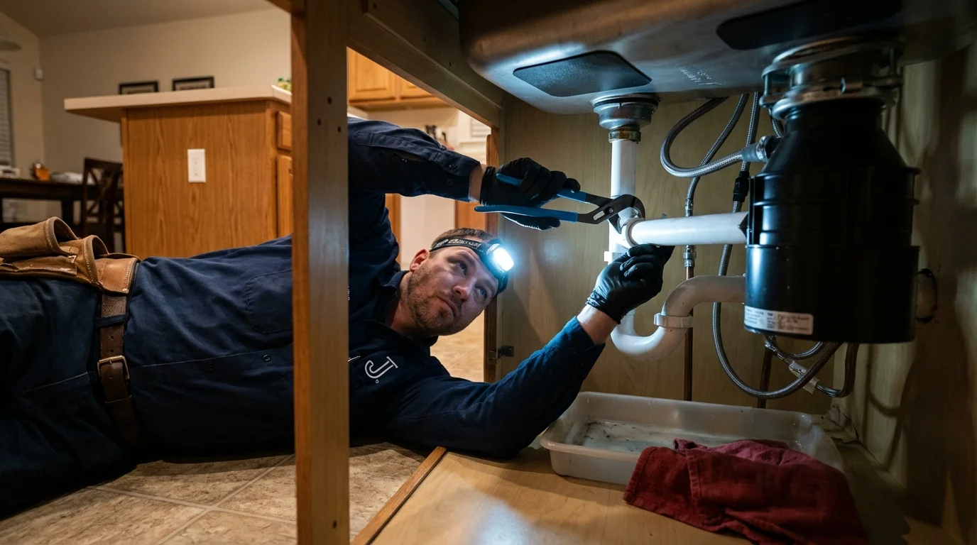 P-trap and supply line connections under a kitchen sink showing a common leak point in Hartville, MO